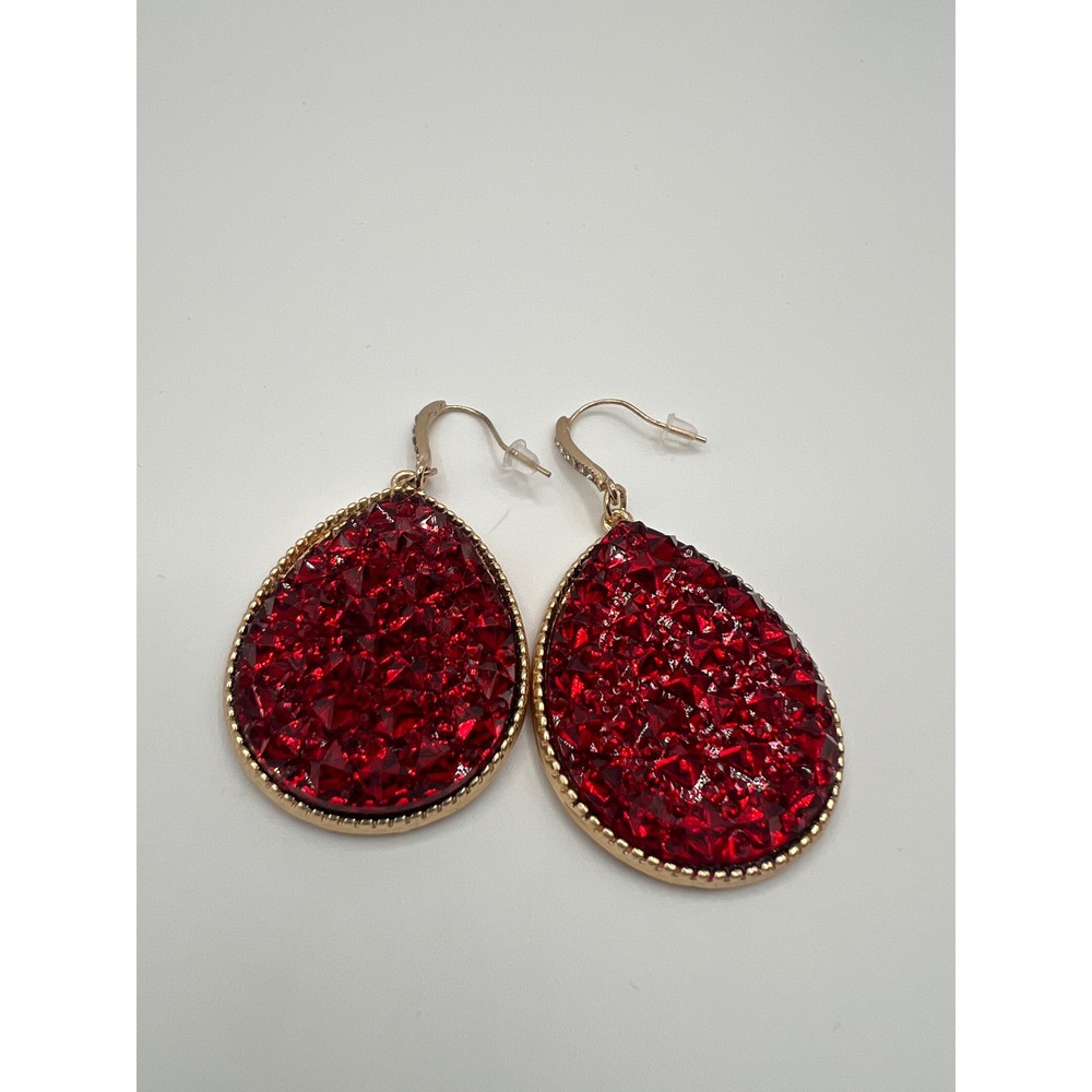 Red Crystalline Teardrop Dangle Earrings Gold Tone Crystal French Hook Statement